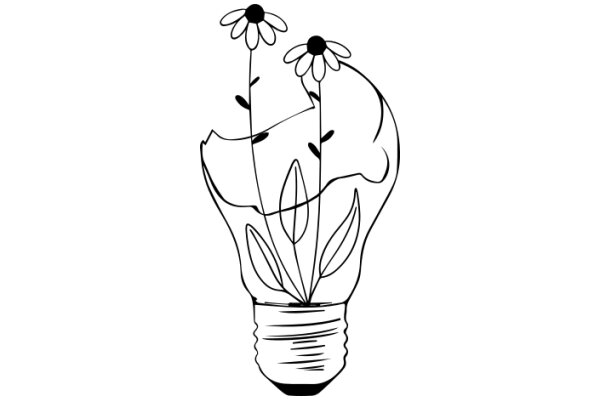 A Whimsical Illustration of a Lightbulb with Flower Stems and Leaves