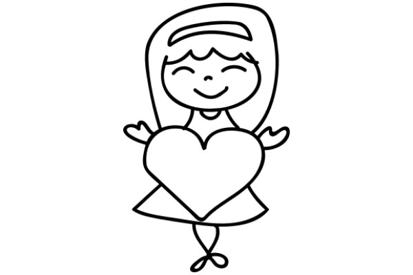 A Simple Line Drawing of a Cartoon Girl with a Heart