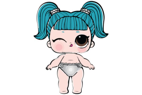 Adorable Cartoon Character with Blue Hair and Pink Blush