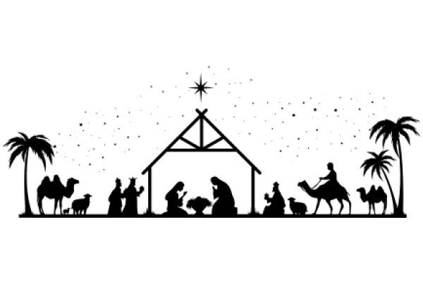 Silhouette Nativity Scene with Starry Sky and Palm Trees