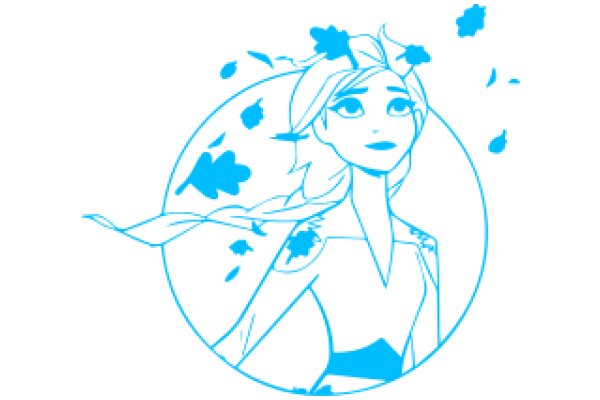 Whimsical Portrait of a Young Woman with Blue Flowers and Leaves