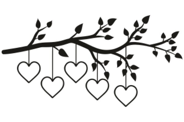 Silhouette of a Branch with Hearts and Leaves