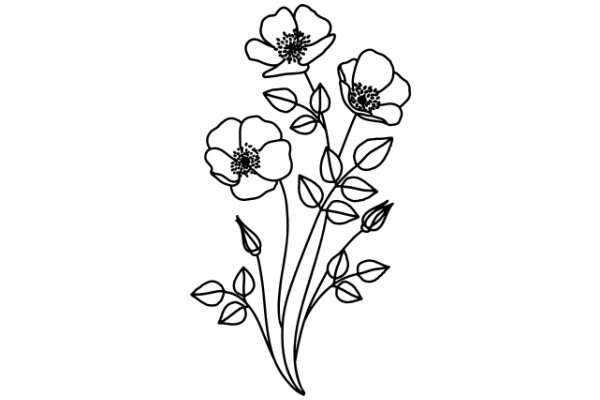 Floral Illustration: A Simple yet Elegant Drawing of Three Flowers with Leaves