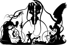 A Silhouette of a Surreal Scene with Abstract Figures and a Monster-like Creature