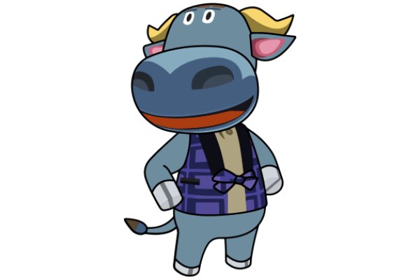 A Friendly Blue Cow with a Purple Vest and Bowtie