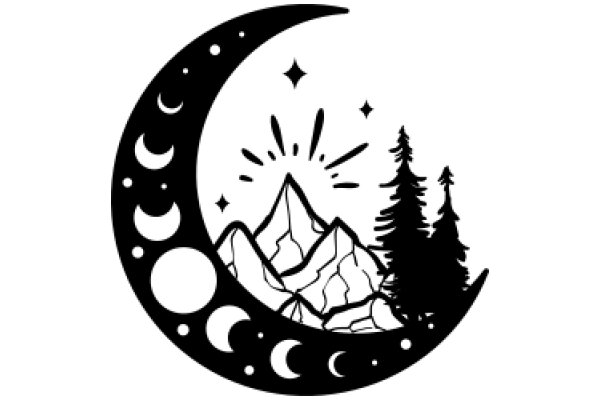 Moonlit Mountain Silhouette: A Nighttime Scene with Stars, Crescent Moon, and Trees