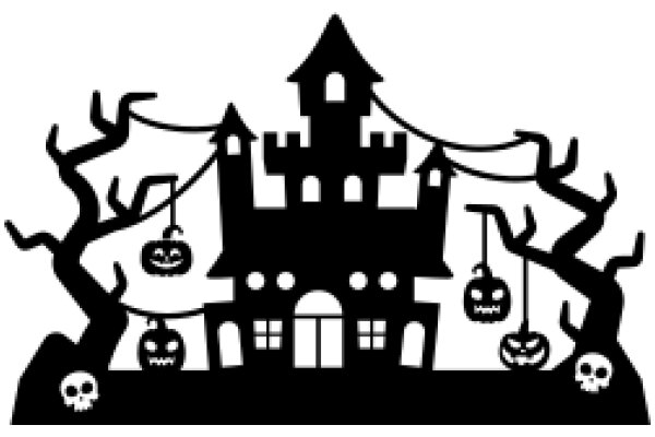 Halloween Silhouette: A Spooky Scene with a Haunted House, Ghosts, and Pumpkins