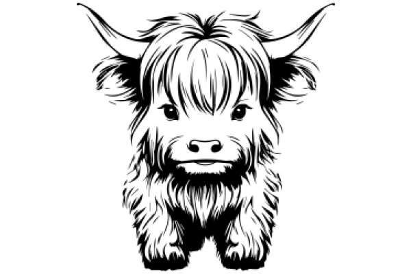 Stylized Illustration of a Long-Haired Bull with Horns and a Serious Expression