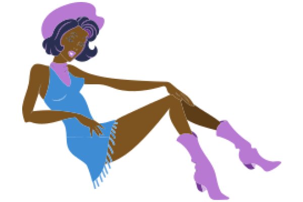 Stylish Illustration of a Woman in a Blue Dress and Purple Boots