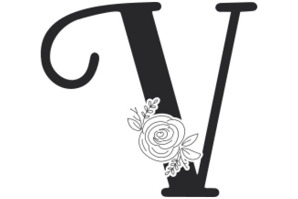 Stylized Letter 'V' with a Rose and Leaves Decoration