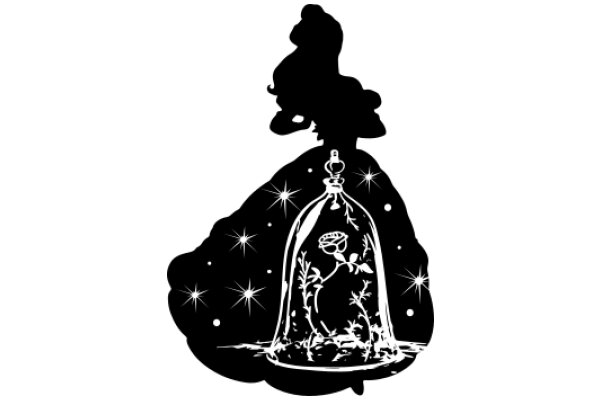 Silhouette of a Rose in a Glass Dome, Surrounded by Stars and Sparkles