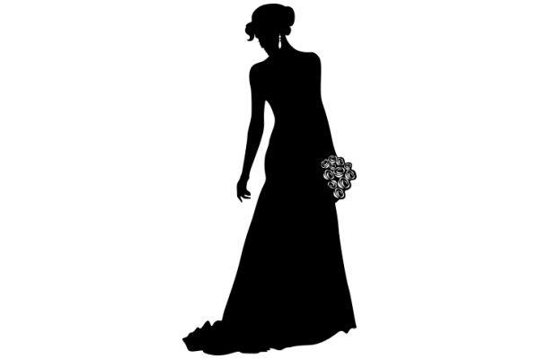 Silhouette of a Woman in a Dress, Holding a Bouquet of Flowers