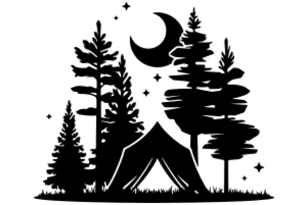 Silhouette of a Camping Scene with a Moon and Stars