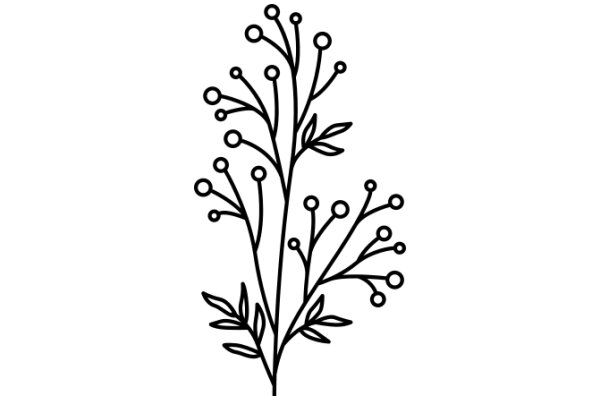 Stylized Line Drawing of a Floral Branch with Leaves and Flowers