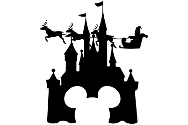 A Silhouette of a Festive Christmas Scene with Castles, Reindeer, and Santa Claus