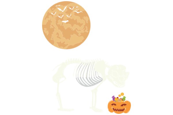 A Playful Halloween Scene with a Skeleton, a Pumpkin, and a Moon