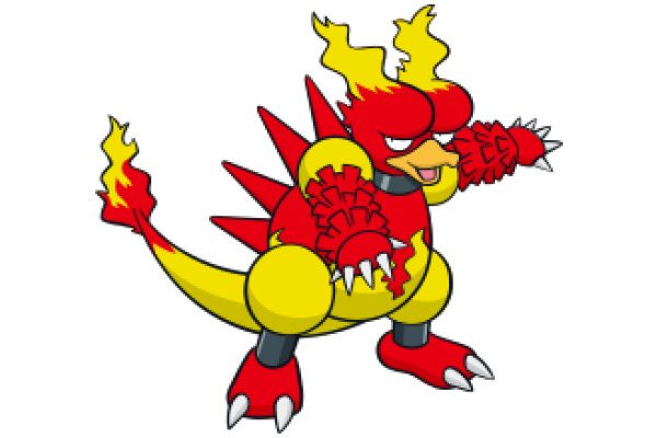 Vividly Illustrated Cartoon Character: A Red and Yellow Dragon with Flames and Antlers