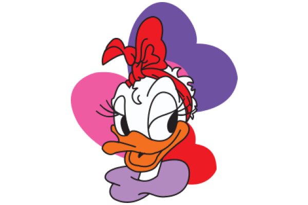 Whimsical Cartoon of Duck with Red Bow and Pink Heart Background