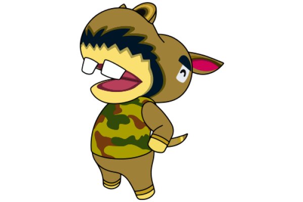 A Playful Cartoon Character: A Brown Dog with a Camouflage Shirt and Glasses