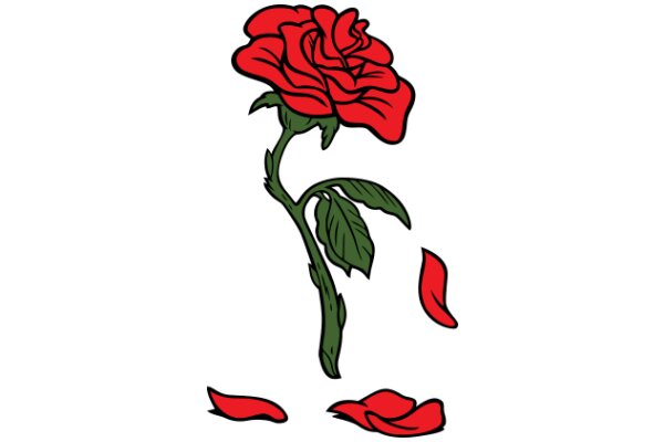 Vivid Red Rose with Green Stem and Leaves, Animated Illustration