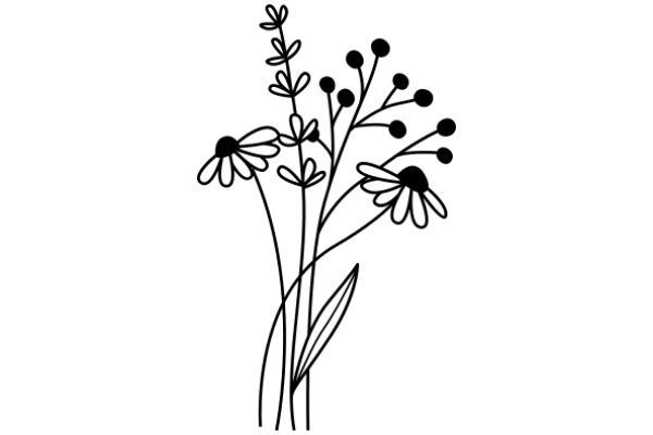 Line Drawing of Daisies and Ferns