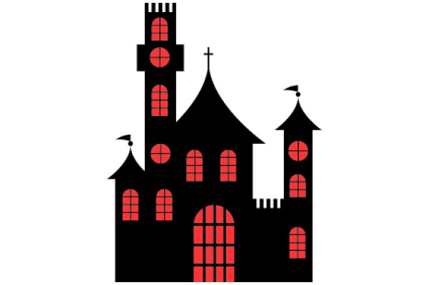 Gothic Castle Silhouette with Red Windows and Cross