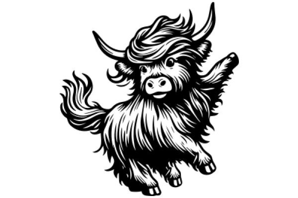 Stylized Illustration of a Long-Haired Bull with Horns