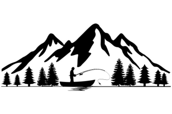 A Silhouette of a Fisherman on a Lake, Surrounded by Mountains and Trees