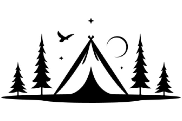 A Silhouette of a Camping Scene with Trees, a Tent, and a Moon