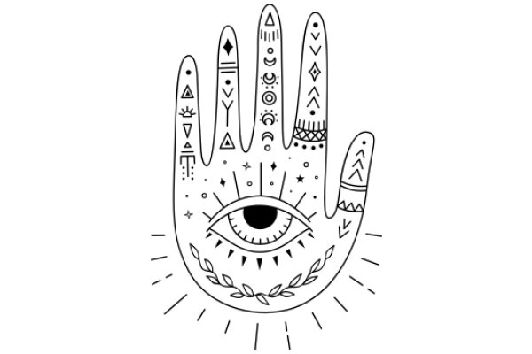 Hand-Drawn Illustration of a Stylized Hand with Symbols and a Sunburst