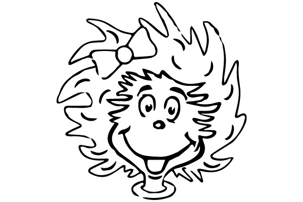 Whimsical Cartoon of a Smiling Character with a Bow and Flames