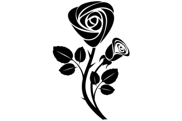 Elegant Black Rose with Leaves and Swirls