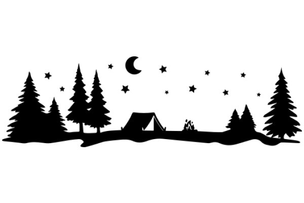 Silhouette of a Camping Scene with Stars and a Crescent Moon