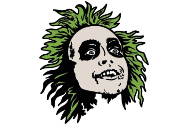 Stylized Character with Green Hair and Black Face, Expressing Surprise or Excitement