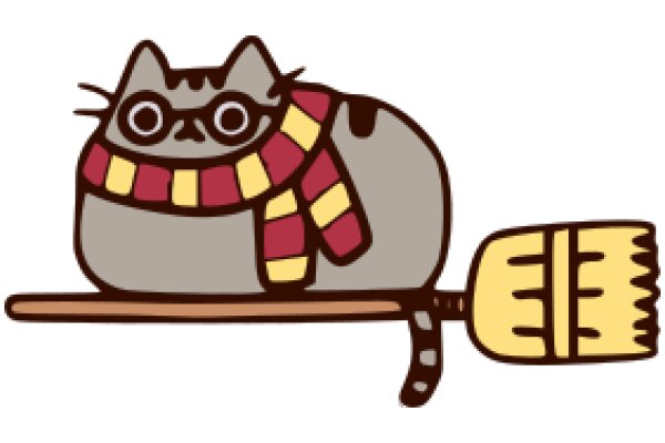 A Whimsical Scene: A Cat with a Scarf and a Broom