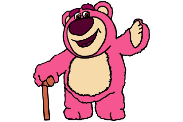 A Friendly Pink Bear with a Cane, Smiling and Waving