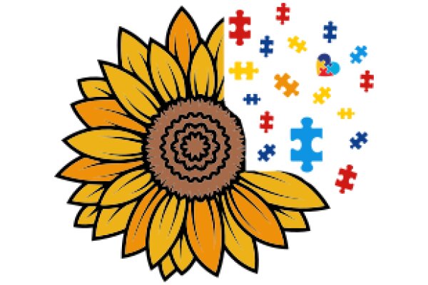 Vibrant Sunflower with Scattered Puzzle Pieces