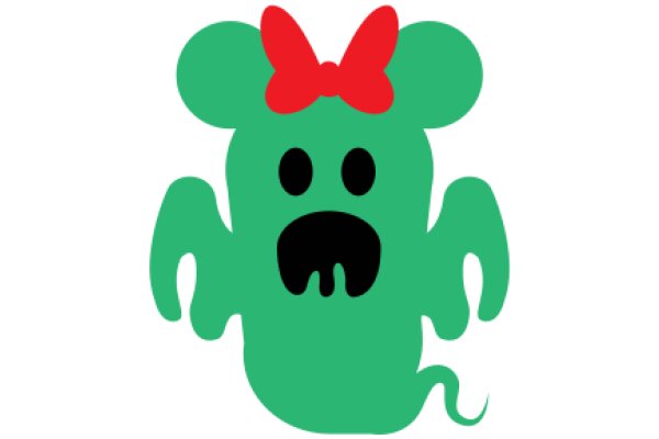 Vibrant Green Cartoon Character with a Red Bow and a Surprised Expression