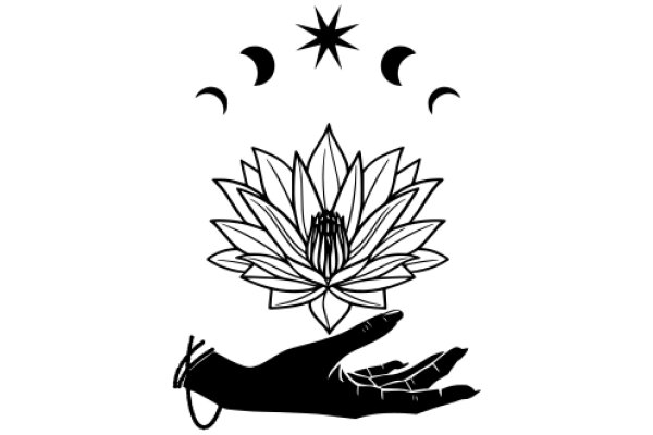 A Symbolic Illustration of a Hand Holding a Flower, Surrounded by Cosmic Elements