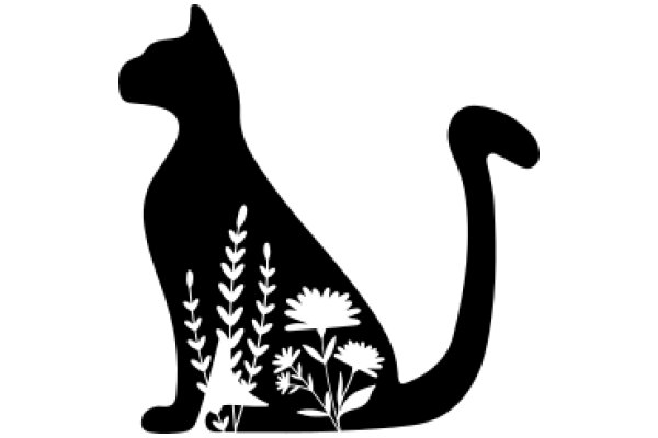 Silhouette of a Cat with Flower Accents