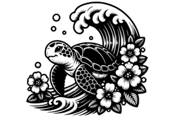 A Whimsical Turtle Adventure: ATurtle Riding a Wave with Flower Accents