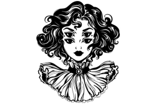 Stylized Portrait of a Woman with Curly Hair and a Ruffled Collar