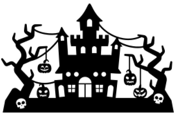 A Spooky Halloween Scene with a Haunted House and Flying Pumpkins