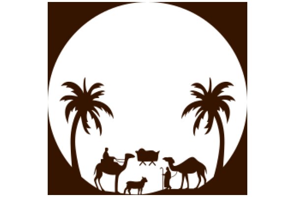 A Silhouette Scene of a Desert Adventure with Camels and Palm Trees