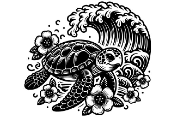 Stylized Illustration of a Sea Turtle Surrounded by Flowering Plants and a Wave