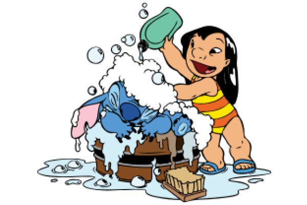 A Playful Scene of a Cartoon Girl Washing Dishes with Soap Bubbles