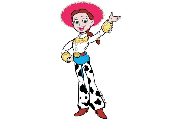 A Cartoon Character in a Pink Sombrero and Cow Print Pants