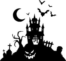 Midnight Halloween Silhouette: A Spooky Scene with a Castle, Bats, and a Full Moon