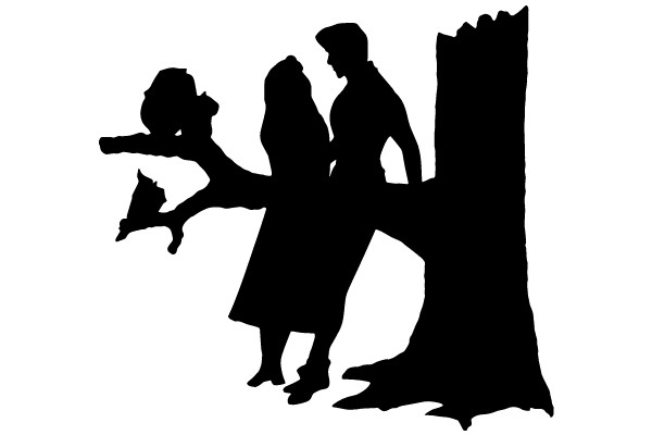 Silhouette of a Couple and a Dog, Standing in Front of a Tree