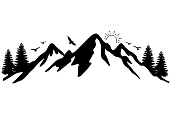 Silhouette of a Mountainous Landscape with Sun, Trees, and Birds